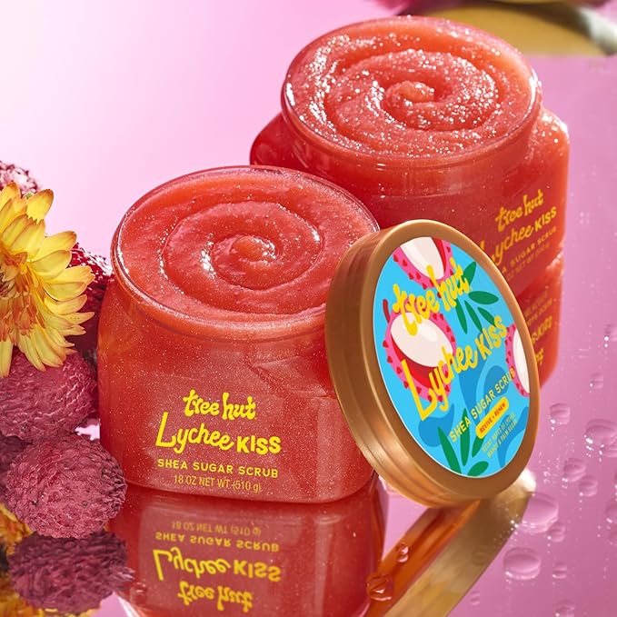 Tree Hut Lychee Kiss Shea Sugar Scrub, Exfoliating, Hydrating & Moisturizing Body Scrub with Shea Butter & Nourishing Essential Oils, Smooth & Soften Skin, 18 oz