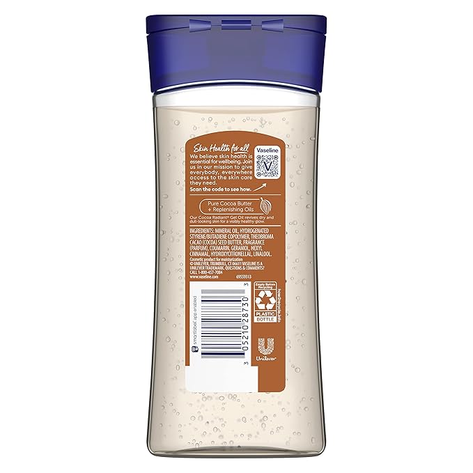Vaseline Intensive Care Cocoa Radiant Pack of 3 for Glowing Skin Body Gel Oil Made with Pure Cocoa Butter + Replenishing Oils 6.8 oz, (Pack of 6)