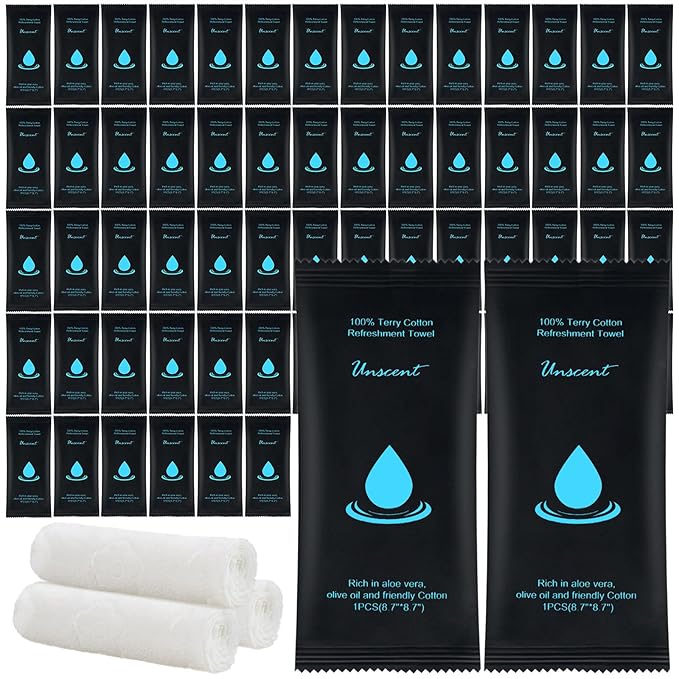 Moist Cotton Towel Bulk Moist Towelettes Individually Wrapped 8.7" x 8.7",White Towel Services,Refreshment Pre Moistened Towels for Travel Sport Party Spa Dentist (1 Count (Pack of 100), Unscented)