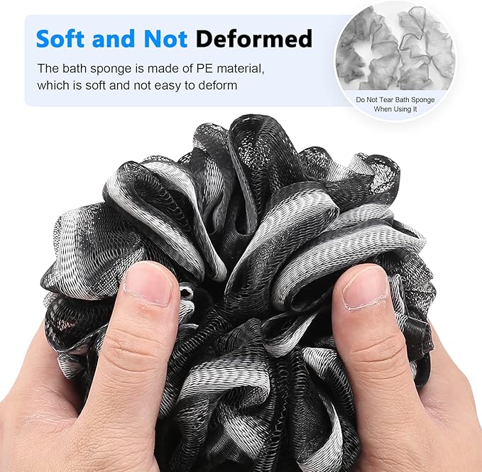 Long Loofah with Handle, Back Scrubber for Shower, Loofah on a Stick (19.09"), Black & White 4.72" Jumbo Mesh PE Pouf, Waterproof Coated Wooden Handle, Non-Slip Grip, Hanging Loop, Men & Women