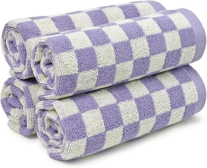 Jacquotha Wash Cloths Checkered 4 Pack (Lilac) - Cotton Washcloths for Face Body, 13 x 13 Inches Daily Cleansing Kitchen Towels