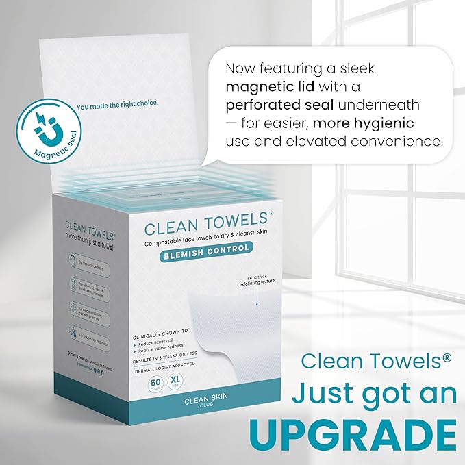 CLEAN SKIN CLUB Blemish Control Clean Towels® XL, Extra Exfoliation for Oily Skin, Disposable, Single-Use Face Towelette Dry Wipe - 1 Pack (50 Count)