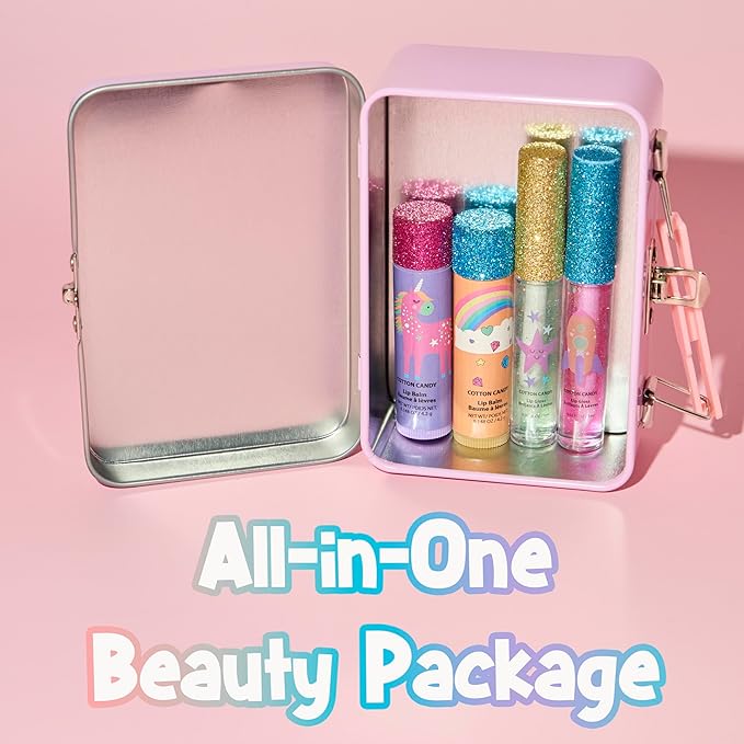 5pc Rainbow Rhinestones Cosmetics Lip Kit For Kids w/Lip Glosses, Lip Balms & Tin Box Storage Case "Magical" Lip Set,Washable + Non Toxic