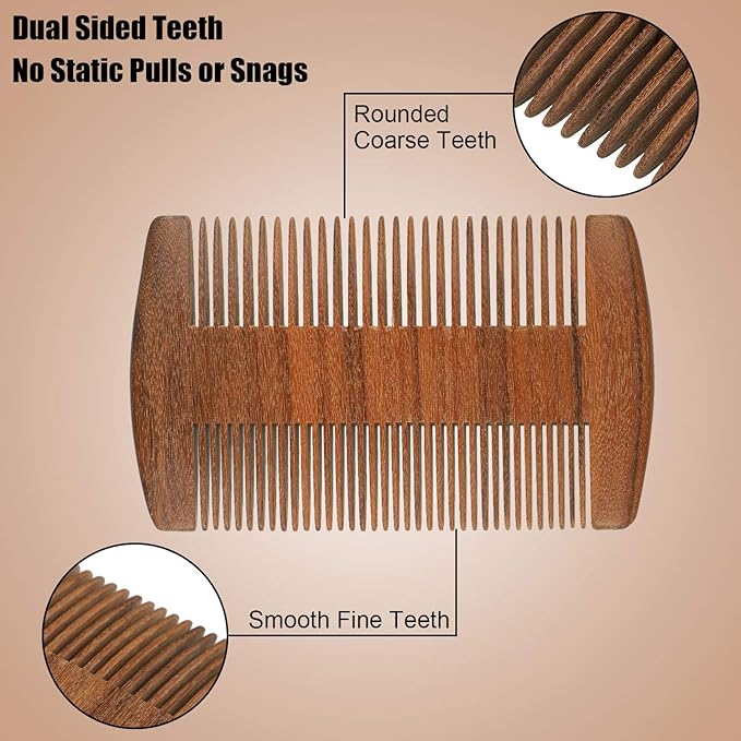 3 Pieces Beard Comb for Men Natural Sandalwood Wooden Mustaches Combs Dual Action Teeth Beard Comb with 3 Pieces Pocket Faux Leather Case for Beards Mustaches(Brown)