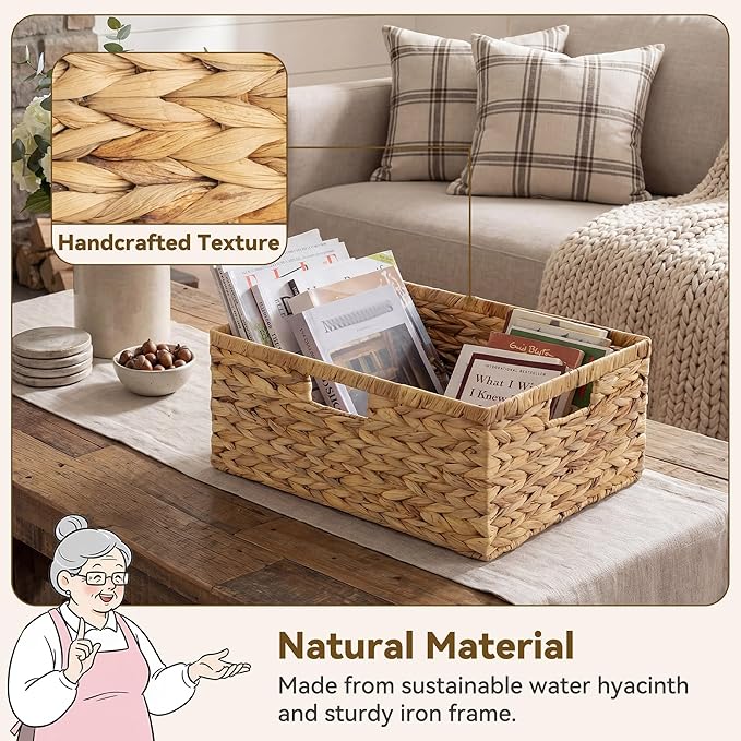 GRANNY SAYS Wicker Storage Baskets for Shelves, Water Hyacinth Wicker Basket, Large Woven Baskets for Storage, Rectangular Shelf Baskets with Handles for Pantry Shelves,1-Pack