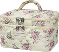 Large Quilted Makeup Bag, Large Floral Cosmetic Bag for Women, Cute Cotton Makeup Bags, Flower Travel Toiletry Organizer Bag (Pink Flowers)