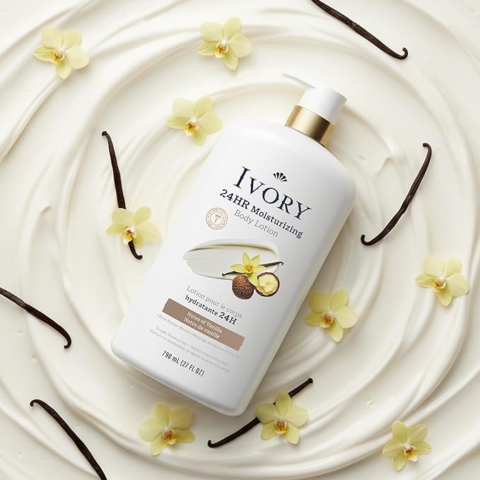 Ivory Hand & Body Lotion, 24hr Moisturizing, Repairs Extra Dry Skin, All Day Hydration, Lightweight Formula, Absorbs Instantly, Perfect for Daily Use, Shea Butter Blend, Vanilla Scent, 27 fl oz