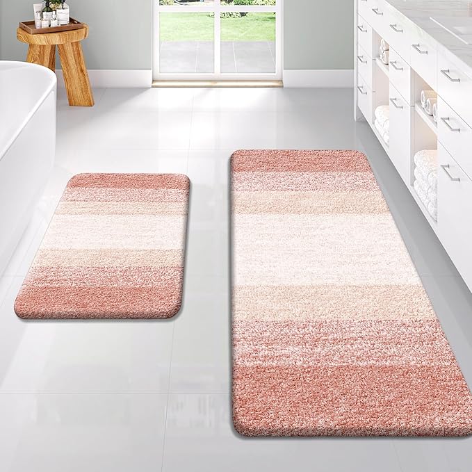 OLANLY Bathroom Rug Set 2 Piece, Soft Absorbent Microfiber Bath Rug Set, Non-Slip, Machine Wash Dry, Plush Shaggy Bath Mats for Bathroom (47"x20"+24"x16", Peach)