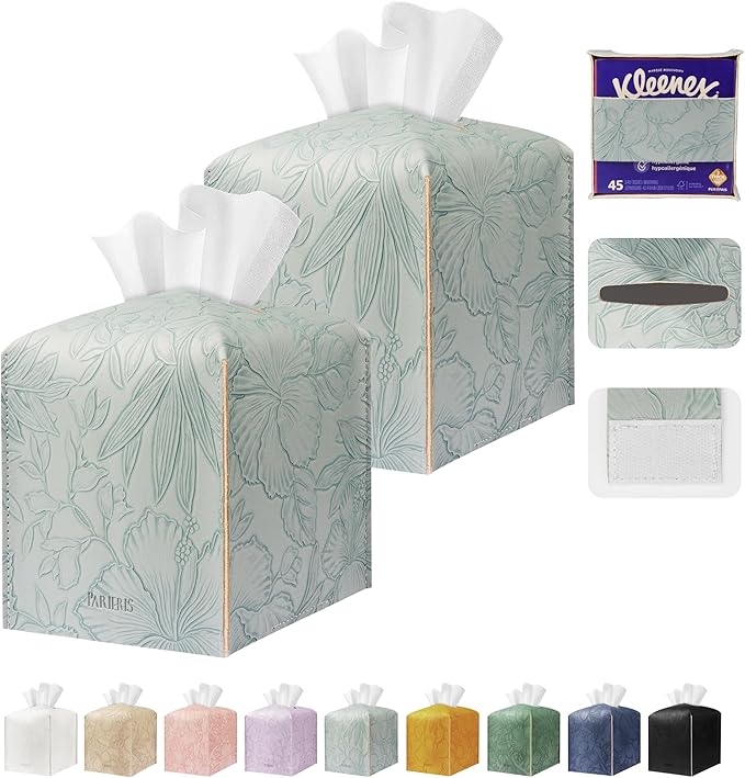Tissue Box Holder Cover Square Tissue Cube Cover PU Leather Tissue Organizer with Bottom Belt for Bathroom, Tabletop, Kitchen, Night Stands, Office, Home, Car (2, Blue)