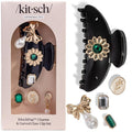 KitschPop ™ Hair Clips For Women with Charm Sets -Customizable Curved Claw Clip With Interchangeable Collectible Cute Charms | Ideal Gifts For Women -Vintage Black, 7pcs Set