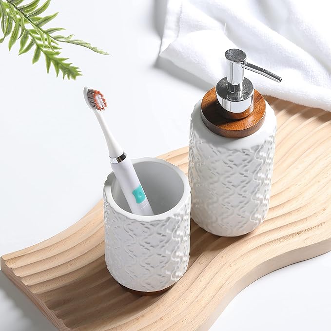Elegant Bathroom Accessories Set 4 PCS Ceramic and Wood Bathroom Accessory Set Soap Dispenser Toothbrush Holder Tumbler Soap Dish Easy to Clean Quatrefoil Pattern White