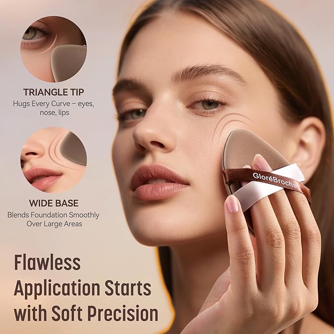 Makeup Sponge Set, GloréBrochas 2PCS Micro Porous Low Absorption Foundation Sponges, Latex-Free PU Makeup Puff, 3.2inches Soft Dual-Sided Powder Puff for Face Powder, Brown
