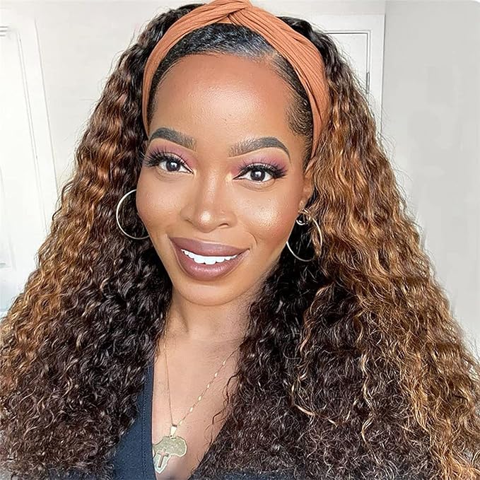 XSY Headband Wig Human Hair 4/27 Highglight Headband Wig Deep Wave Headband Wig Honey Blonde Colored Curly Wig 22 Inch