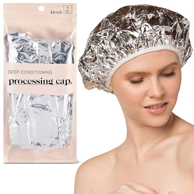 Kitsch Aluminum Foil Heat Cap for Deep Conditioning - Reusable Hair Streamer For Coloring, Perm & Treatment, Heat Cap with Elastic Band, Processing Caps for Hair, Shower Caps for Sauna, Shower & Spa