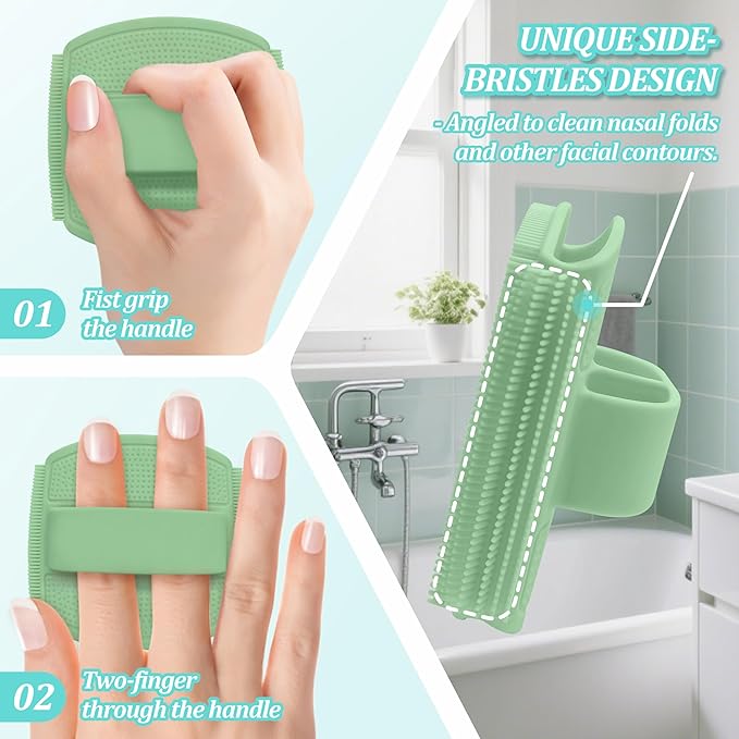 Silicone Bath Glove & Face Scrubber Set 2PCS, 360° Anti-Slip & Hand-fit Body Scrubber for Rich Foaming Deep Cleaning, Unique Facial Scrubber with Side-bristles for Contoured Areas.(Green)
