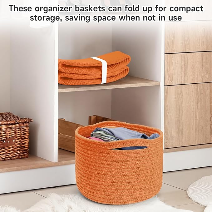 Small Rope Baskets for Storage, Baskets for Gifts Empty, Cute Round Woven Basket, Decorative Shelf Baskets 9.82×9.82×7.1", Cotton Toy Basket Storage Bins for Organizer 3 Packs-Orange