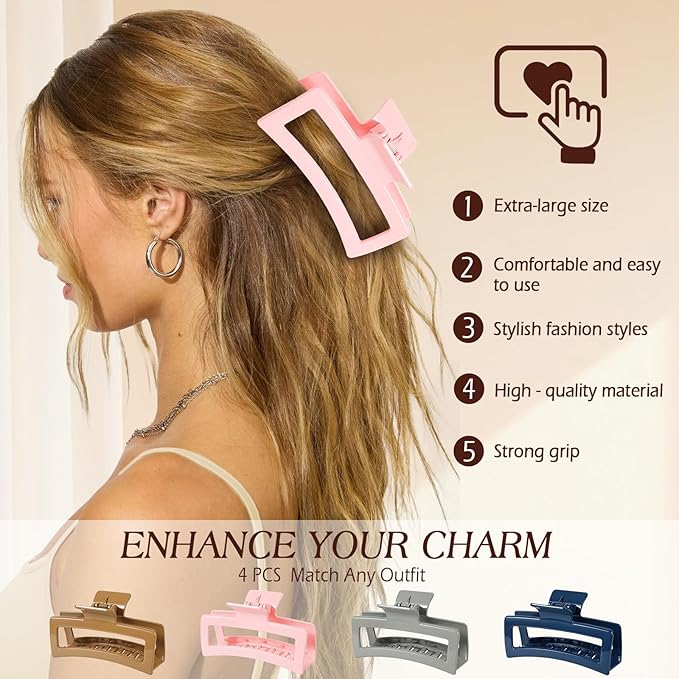 4 PCS 5 Inch Extra Large Claw Clips for Women, Jumbo Claw clips for Thick Long Curly Hair, Rectangle Matte Hair Claws Clips, Non-slip Square Hair Clips for Women
