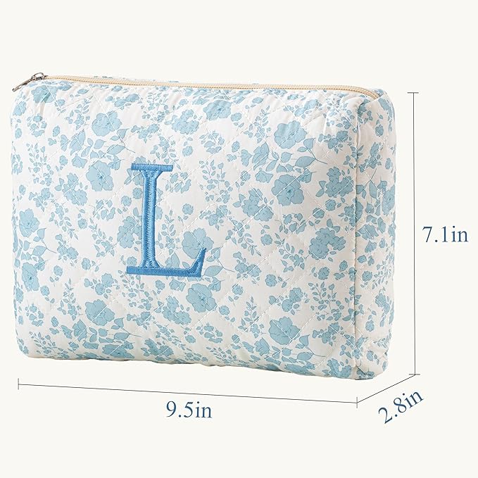 HBselect Initial Quilted Makeup Bag, Cotton Large Travel Makeup Bag, Cute Floral Coquette Make up Bag Cosmetic Bag Toiletry Bag for Women Girls L