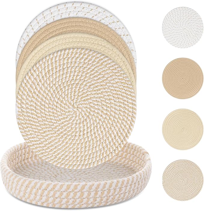 SHACOS 8 Inches Trivets for Hot Dishes, 4 Pieces Cotton Trivets Mats for Kitchen with Storage Basket, Hot Pads for Countertops and Table, Heat-Resistant Pot Holders for Hot Pots and Pans