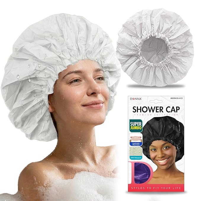 DONNA Super Jumbo Shower Cap – Comfortable Elastic Band, 100% Waterproof Hair Cap for Long Hair, Braids & Thick Styles, Reusable Big Shower Cap for Women, Keeps Hair Dry & Protected, WHITE