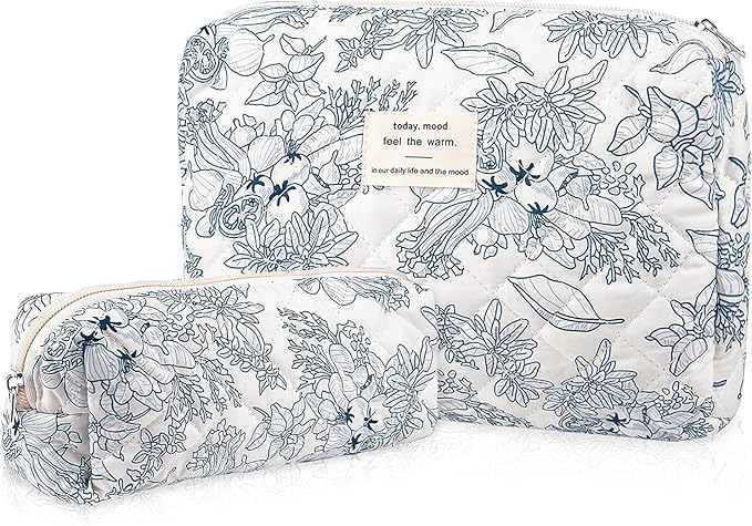 2PC Makeup Bag Set, Cute Cosmetic Bag for Women Girls, Floral Coquette Aesthetic Toiletry Bag, Travel Make Up Organizer Bag (Navy Blue)