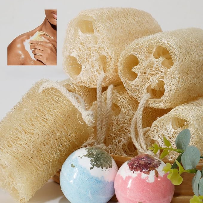 Natural Loofah Sponge, Organic Bath Loofah Pack, Lufas Exfoliating Body Scrubber, Loofas Sponges Shower Loofah for Women and Men, Skin SPA Ecotools- 6 Pack