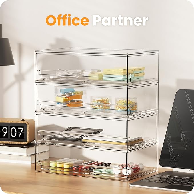 A-LuGei 【𝟮𝗣𝗖𝗦】 Acrylic Stackable Storage Drawers, 11.8" W Makeup Organizer, Bathroom Organizer and Storage, Plastic Storage Bins for Kitchen Cabinet Pantry Medicine Fridge