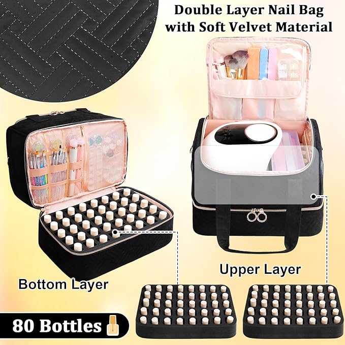 Nail Polish Organizer Bag Holds 80 Bottles (15ml/0.5fl.oz)& Nail Lamp, Soft Velvet Nail Kit Storage Carrying Case with Shoulder Strap, Double Layer Nail Supplies Organizer Handbag Women Black