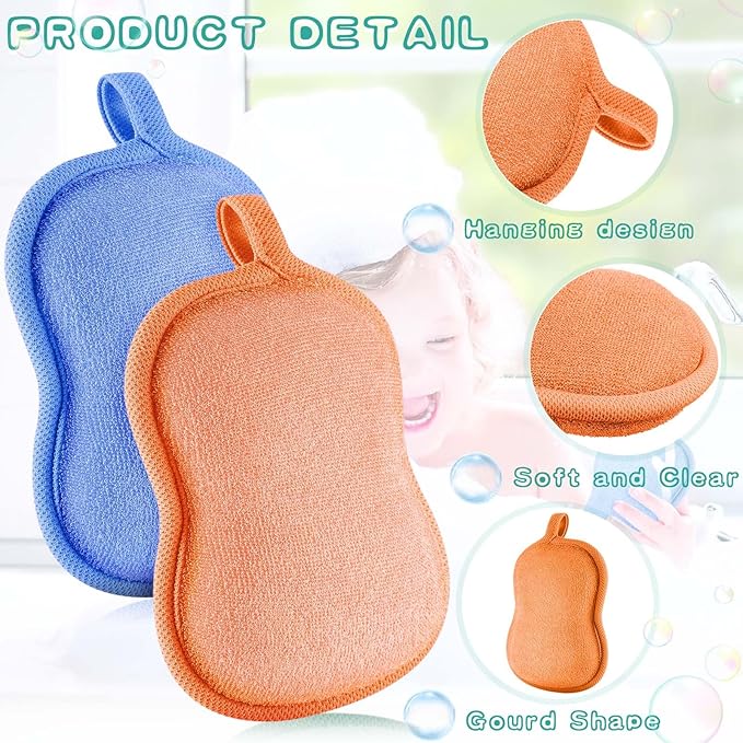 Tatuo 4 Pieces Baby Bath Sponge Cotton Baby Sponge Toddler Soft and Absorbent Loofah for Kids Babies Men Women(Orange,Blue)