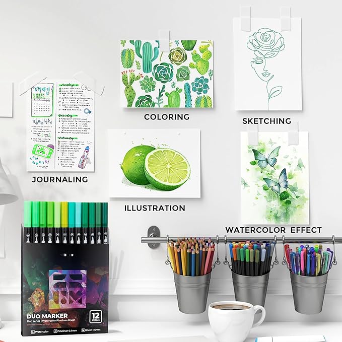 Green Duo Tip Marker Pens, 12 Pack Fine & Brush Markers for Adult Coloring Books No Bleeding, Nature Green Markers for Foliage, Landscape Drawings, Botanical Illustrations and Eco Designs