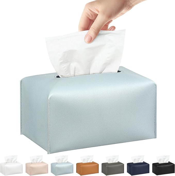 Long Tissue Box Cover, PU Leather Tissue Holder Rectangle, Facial Paper Organizer, Modern Dispenser for Bathroom, Kitchen, Home, Office, Tabletop (1, Sky Blue, Short)