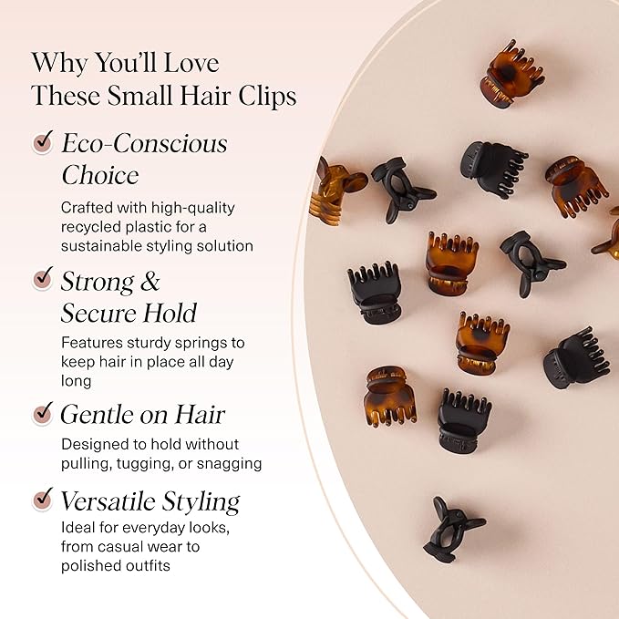 Kitsch Mini Claw Clips for Women - Stylish Small Hair Clips for Kids | Stays In Place Without Pulling or Snagging | Durable & Sturdy Plastic | Ideal Gifts for Women - Tortoise & Black, 16 Pcs