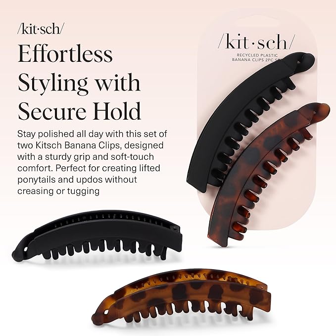 Kitsch Banana Clips For Women - Retro 80s Style Banana Hair Clips | Secure & Durable, No Crease Hair Accessories for Women | Styling, Ponytails & Updos | Ideal Gifts for Women - Black & Tort, 2pcs