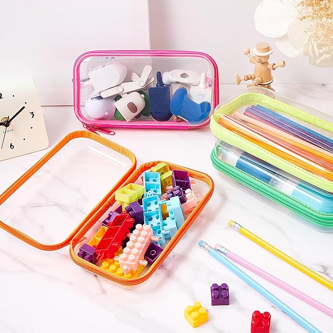 Hoolerry 4 Pcs Hard Clear Zipper Case Makeup Bags Plastic Zipper Pouch Transparent Storage Box Containers for Cosmetics, Snacks, Building Blocks, Puzzles(Clear,7.5 x 3.9 x 2 in,Fluorescent)