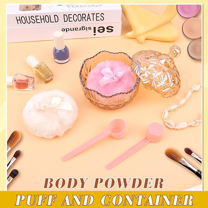 Coolrunner 5PCS Body Powder Puff and Container, Crystal Clear Powder Container with Powder Spoon, Dusting Powder with Puff for Women, Washable Reusable (Amber)