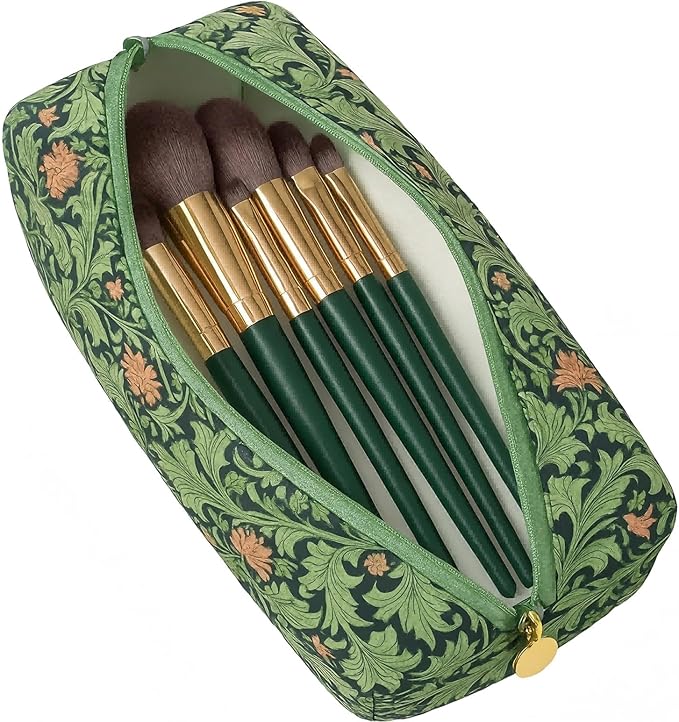Floral Quilted Cotton Makeup Bag for Women, Large Capacity Travel Cosmetic Pouch with Zipper, Cute Toiletry & Brush Organizer, Kawaii Makeup Storage Case – Garden Green