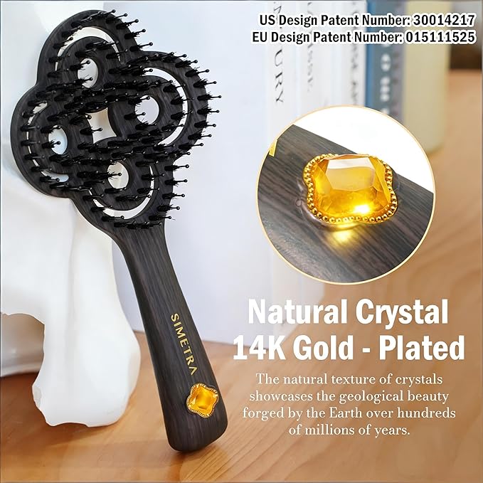 Simetra Detangler Hair Brush for Women and Men, Holiday Present - Original Detangling Brush for Curly Hair/Wet & Dry Hair, Natural Boar Bristles Hairbrush - Natural Crystal Inlay & 14K Gold Plating