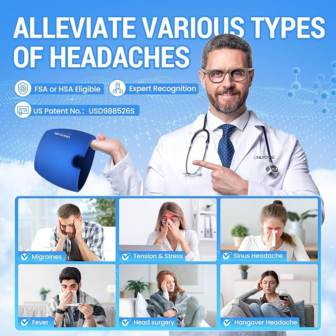 ONLYCARE Migraine Relief Cap, Soothing Migraine Mask, Upgraded Odorless Gel Ice Head Wrap, Hot and Cold Therapy, Headache Ice Pack for Tension, Stress, Hangover (Blue)
