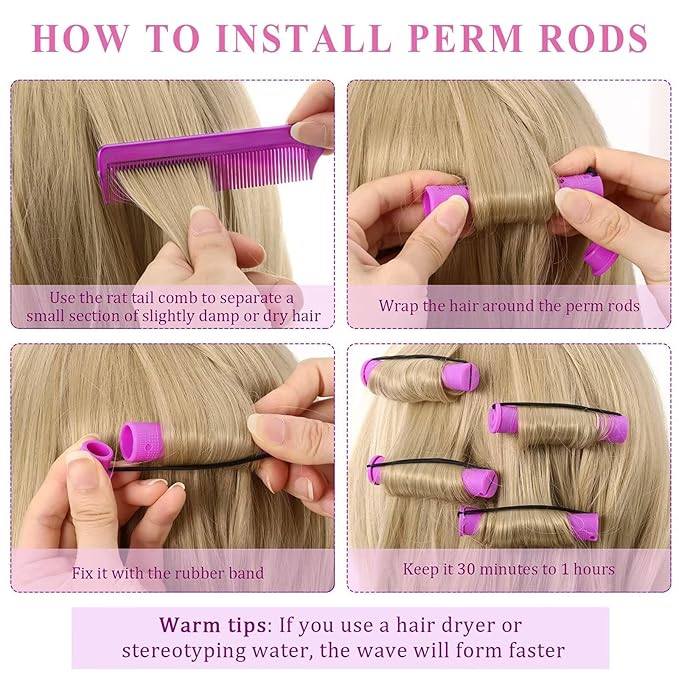 20Pcs Women's Perm Rods Set for Natural Hair Purple Cold Wave Hair Rollers for Curling and Styling All Hair Lengths - DIY Hairdressing Tools
