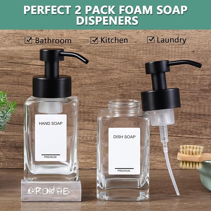 Foaming Soap Dispenser 2 Pack, 12oz/350ml Glass Foaming Hand Soap Dispenser Set with Stainless Steel Pump, Square Refillable Foam Pump Bottles for Bathroom&Kitchen,Includes 6 Labels
