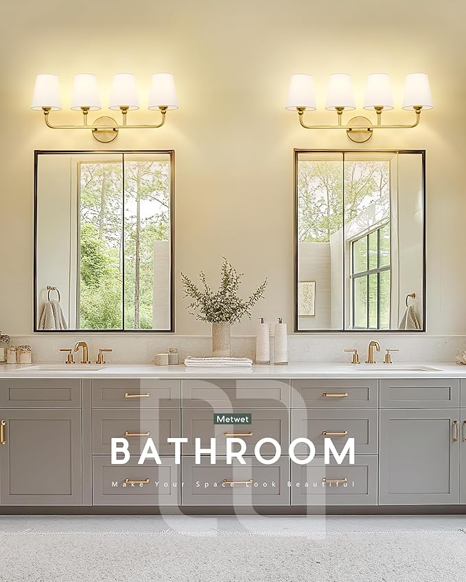 Bathroom Light Fixtures, 4 Light Brushed Gold Vanity Lights with Flared White Fabric Shade, 28 Inch Wall Sconce, Modern Sconces Wall Lighting for Hallway Bedroom, VL837-BG-4