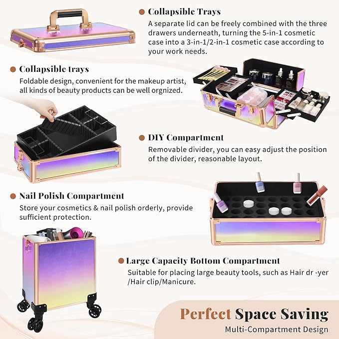 Profesional Rolling Makeup Train Case with Lid, 5 in 1 Cosmetology Case on Wheels, Large Cosmetic Trolley Organizer Travel for Hairstylist Artist Nail Beauty Salon Barber, Colorful