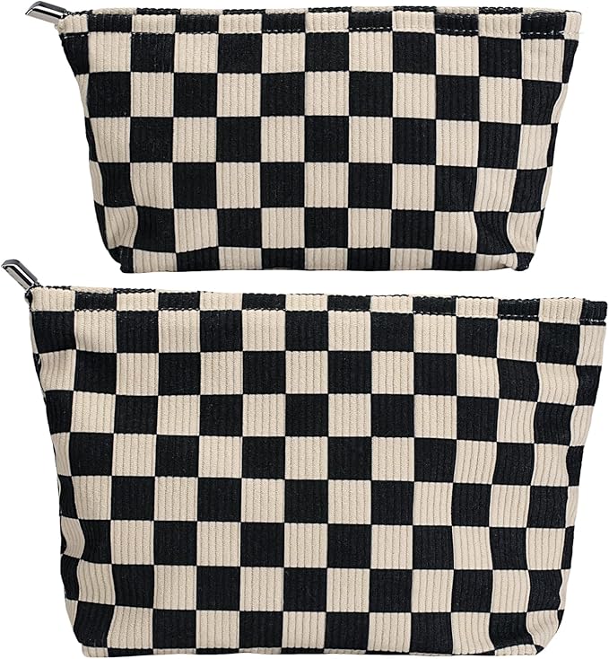 Black and White Checkered Makeup Bag Set of 2, Corduroy Cosmetic Pouch for Women, Travel Toiletry Bag with Zipper