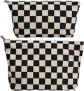 Black and White Checkered Makeup Bag Set of 2, Corduroy Cosmetic Pouch for Women, Travel Toiletry Bag with Zipper