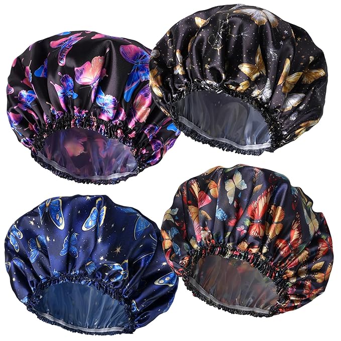 4 PCS Shower Cap for Women, Elastic and Reusable Bath Caps, Double Layers Shower Caps Reusable Waterproof, Bathing Shower Caps, Environmental Bath Hair Protection Cap - Butterfly A