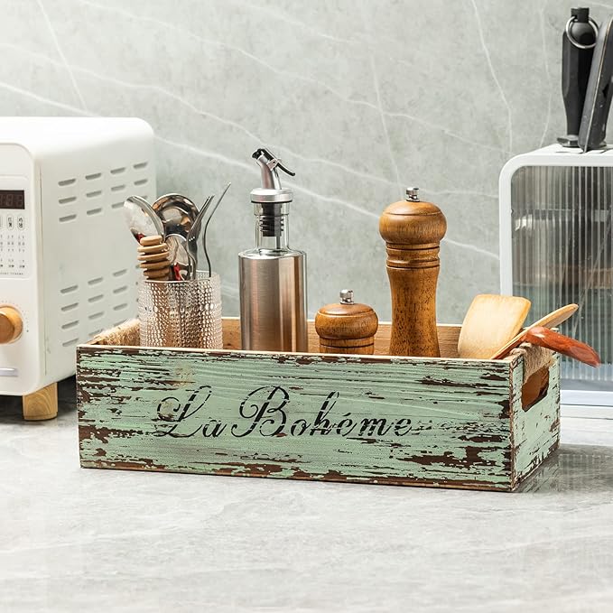 TIMRIS Farmhouse Distressed Wooden Storage Box, Rustic Bathroom Decor Box, Decorative Toilet Tank Basket Nice Butt, Vintage Countertop Organizer Box with Handles (Distressed Green)