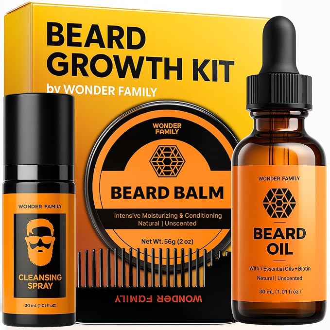 Premium Beard Care Kit for Men – 4-in-1 Grooming Set with Beard Oil, Balm, Cleansing Spray & Comb – Mustache & Beard Grooming Gifts for Men