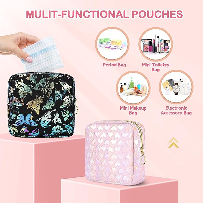 Period Bag Pouch, Leather Sanitary Napkin Storage Bag for Girls Womens, Portable Sanitary Napkin Period Pad Pouch Bag for Purse (Pink-3D Love)