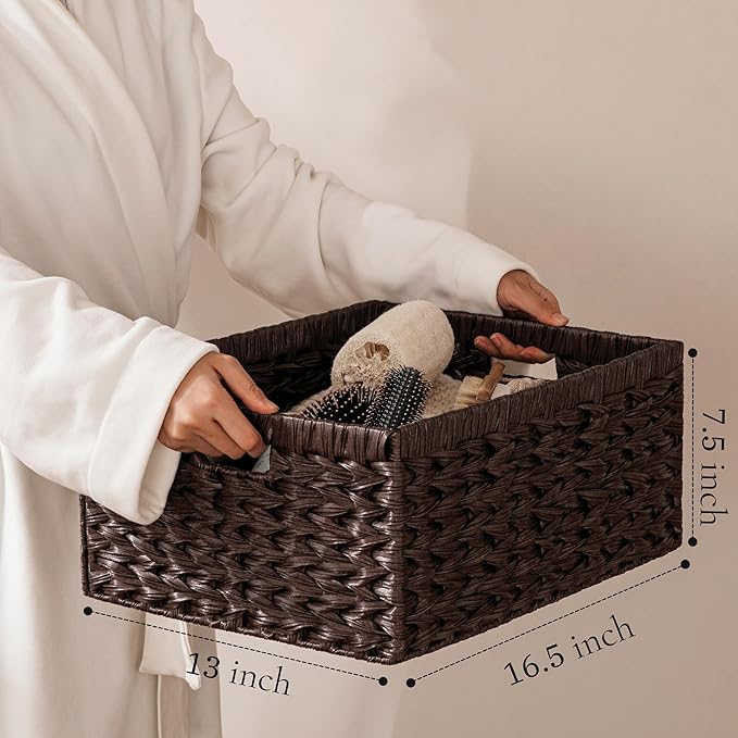 UBBCARE Storage Baskets with Label, Wicker Pantry Baskets for Shelves, Waterproof Woven Basket for Organizing, 2-Pack Plastic Rectangle Organizers with Handles, Dark Brown (16.5L×13W×7.5H)