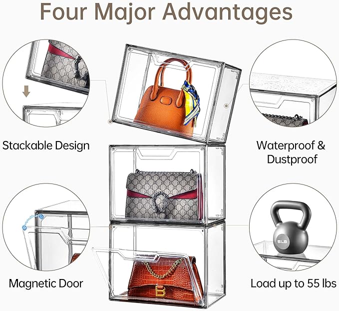 Purse Organizer for Closet,Clear Acrylic Display Case for Handbag Organizer, Purse Storage Box with Magnetic Door, Dustproof Storage Bins for Book, Collectibles, Cosmetic (Grey, 5)